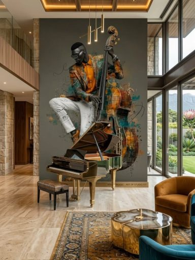 Illustrative large mural in a contemporary atrium