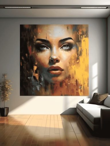 Warm-toned portrait mural concept on a living room feature wall