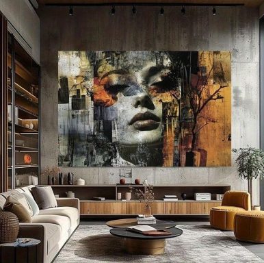Expressive portrait mural concept in a contemporary living room