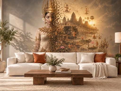 Illustrative gold-toned woman and temple mural above a living room sofa