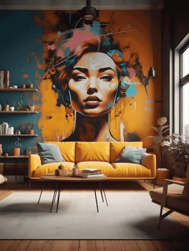 Colourful portrait mural concept above a living room sofa