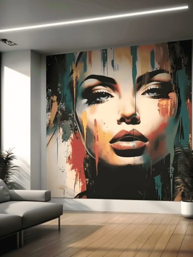 Floor-to-ceiling portrait mural concept in a living room