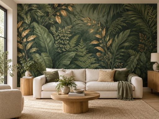 Illustrative green and gold botanical mural behind a cream sofa